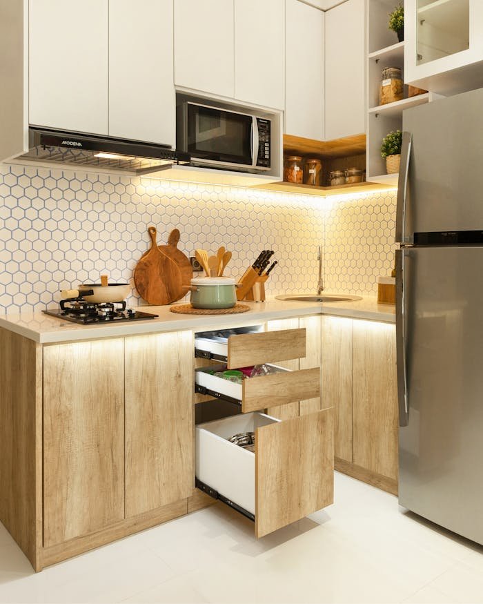 services-img Stylish Scandinavian kitchen with wood cabinets and stainless-steel appliances.